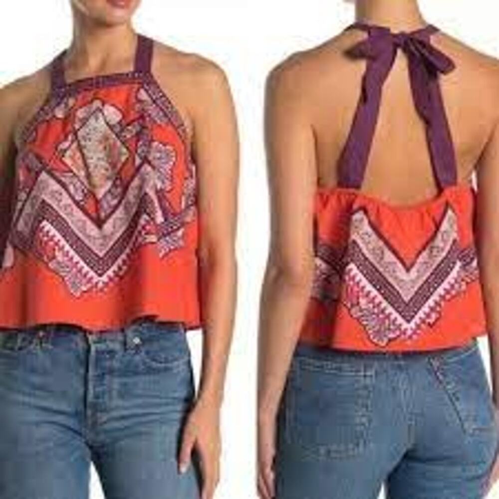 Free People Summer Tank Open Back Batik Print Red Geometric Women Small